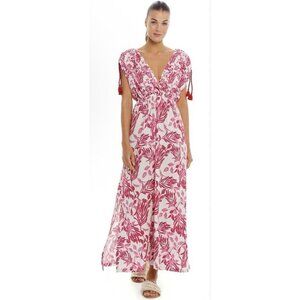 Cosita Linda Dress Pink Maxi Swim Coverup Floral Print VNeck Tassel